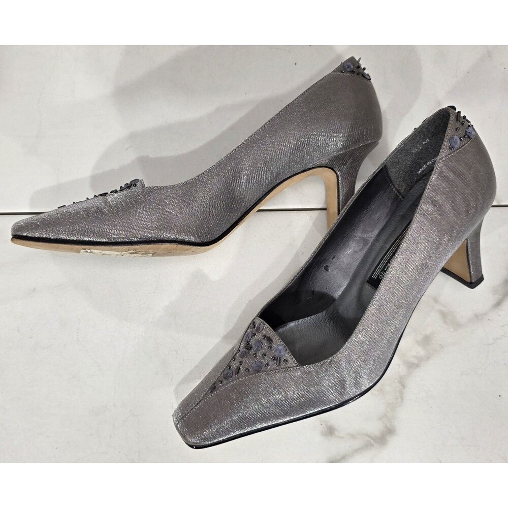 VTG J. Renee Pewter Metallic Lame Pumps Beaded Square Toe Formal Heels 6.5 Fairy